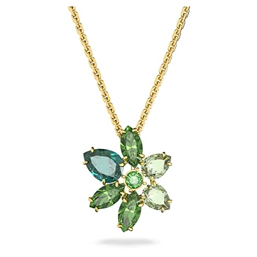 Swarovski Gema Floral Pendant Necklace, Green Petal and Round-Cut Crystals and Gold-Tone Plated, from the Gema Collection