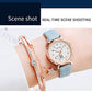 Women's Alloy Watch Bracelet Two Piece Simple Quartz Watch Diamond Bracelet Ladies Leather Strap Watch (Blue)