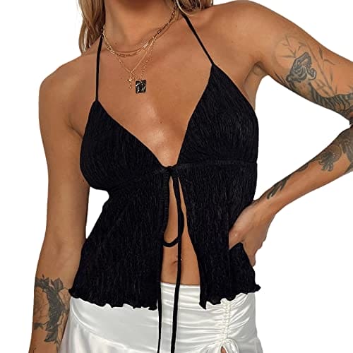 Womens Y2K Halter Neck Crop Tops Summer V-Neck Vest Tops Spaghetti Strap Tie Up Backless Tank Tops E-Girl Streetwear (Ruched Black, L)