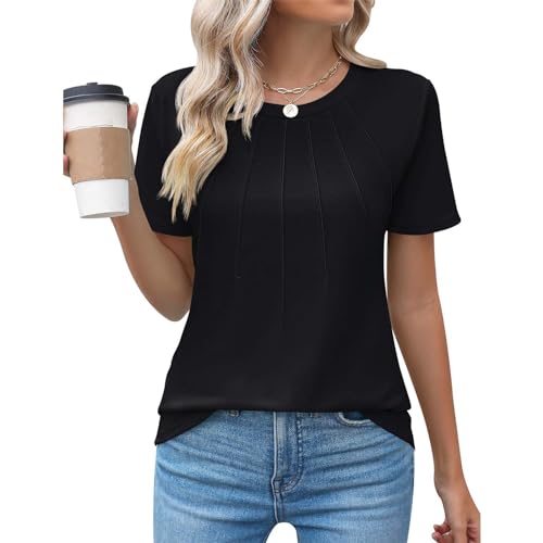 Angxiwan Today 2024 Items Under 5 Pounds Women's Blouses & Shirts Womens Casual Crew Neck Short Sleeve Pleated Tops Blouses Fashion Clothes 2024 Black