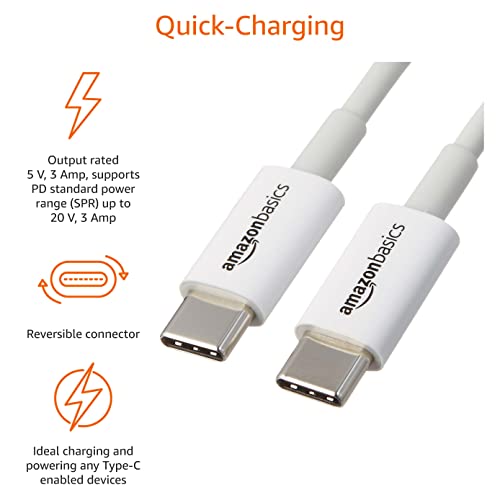 Amazon Basics USB-C to USB-C 2.0 Fast Charger Cable, 480Mbps Speed, USB-IF Certified, for Apple iPhone 15, iPad, Samsung Galaxy, Tablets, Laptops, 1.8 m, White