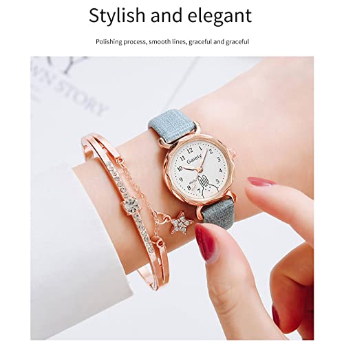 Women's Alloy Watch Bracelet Two Piece Simple Quartz Watch Diamond Bracelet Ladies Leather Strap Watch (Blue)