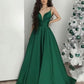 PAVERJER Spaghetti Strap V Neck Satin Prom Dress Long with Pockets Formal Party Dress Ruched Evening Gown Emerald Green Size 2