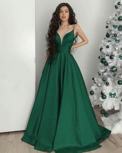 PAVERJER Spaghetti Strap V Neck Satin Prom Dress Long with Pockets Formal Party Dress Ruched Evening Gown Emerald Green Size 2