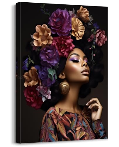 GLOKAKA African American Women Canvas Wall Art Black Woman with Flower Head Modern Portrait Artwork Beauty Abstract Girl Painting for Bedroom Living Room Wall Decor