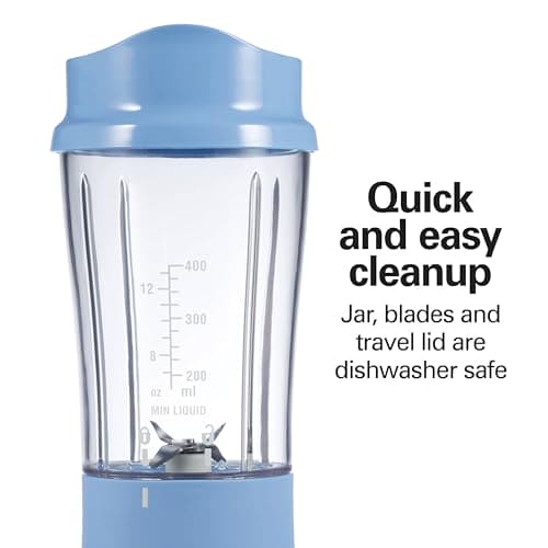 Hamilton Beach Portable Blender for Shakes and Smoothies with 14 Oz BPA Free Travel Cup and Lid, Durable Stainless Steel Blades for Powerful Blending Performance, Tranquil Blue (51172)