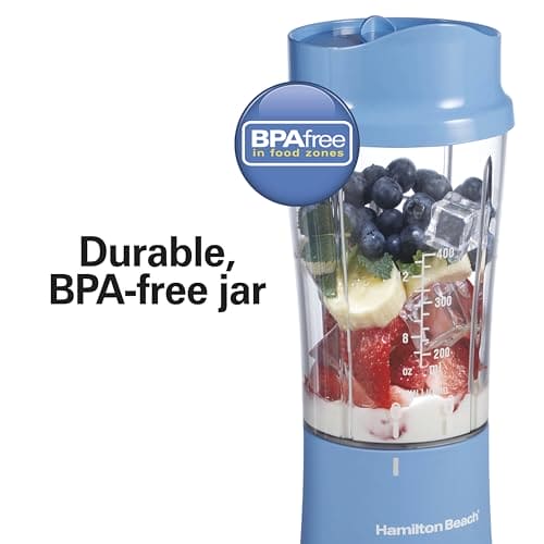 Hamilton Beach Portable Blender for Shakes and Smoothies with 14 Oz BPA Free Travel Cup and Lid, Durable Stainless Steel Blades for Powerful Blending Performance, Tranquil Blue (51172)