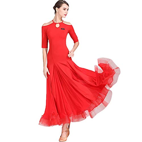 YDHTIZ Classic Ballroom Training Clothing 1/2 Sleeve Waltz Dance Dresses Hollow Tango Performance Dance Clothing Salsa Dance Costumes A-line for Women