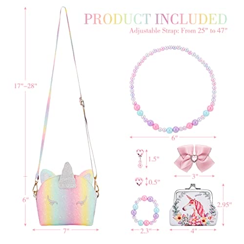 JYPS Unicorn Purse for Little Girls, 7Pcs Cute Crossbody Bags with Kids Dress Up Jewelry Set Pretend Play Accessories, Birthday Presents Gifts Toy for Girl, Toddler