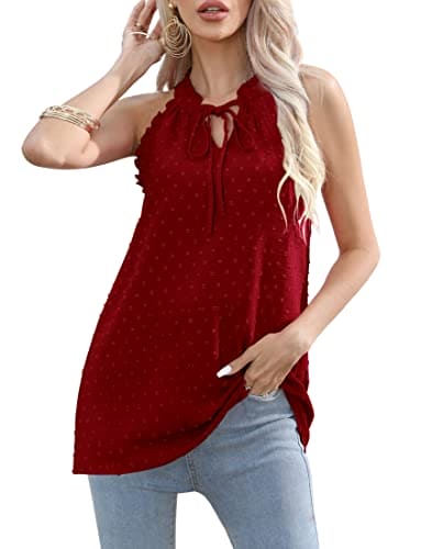 Sampeel Sale Vest Tops for Women Summer Halter Neck Sleeveless Ladies Swiss Dot Chiffon Tank Red Size 22-24