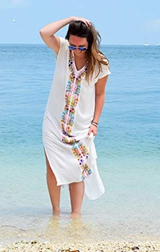 YouKD Summer Cotton Embroidered Floral Loose Caftan Boho Beach Bikini Cover Up Dress Plus Size Robe for Women