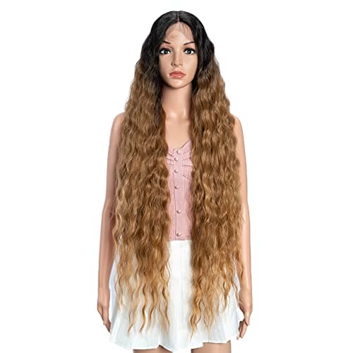 Joedir Lace Front Wigs 38 Inches Middle Part Curly Wavy Wig Super Long Curly Wigs for Women T-Part Lace Front Wig HD Transparent Synthetic Wig with Baby Hair(Ombre Hondy)