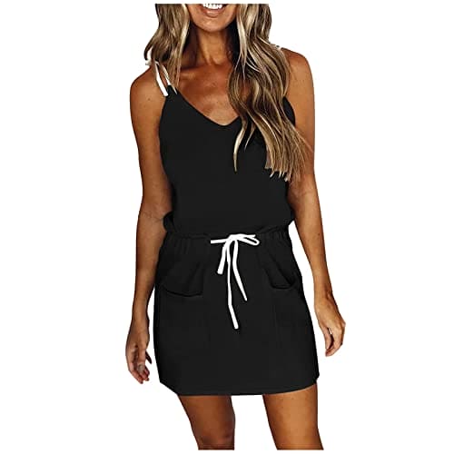 AMhomely Sunmmer Dresses Womens Gradient Print Skater Dress Spaghetti Strap Drawstring Waist T Shirt Mini Dress Casual Boho Beach Sundress 05 Black M