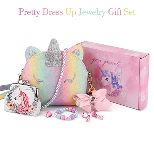 JYPS Unicorn Purse for Little Girls, 7Pcs Cute Crossbody Bags with Kids Dress Up Jewelry Set Pretend Play Accessories, Birthday Presents Gifts Toy for Girl, Toddler