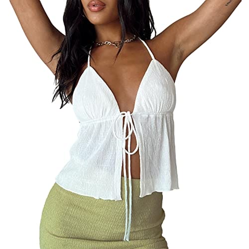 Womens Y2K Halter Neck Crop Tops Summer V-Neck Vest Tops Spaghetti Strap Tie Up Backless Tank Tops E-Girl Streetwear (Ruched White, M)