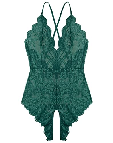 Women One Piece Lingerie Sexy Teddy Lingerie V Neck Sexy Bodysuit Lace Nightie (Green, Medium)