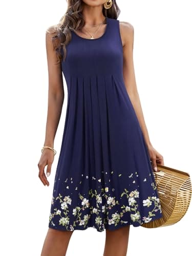 KILIG Summer Dresses for Women UK Beach Casual Sundress Ladies Sleeveless Tank Dress Midi Floral Cover Ups (A1-Navy, M)