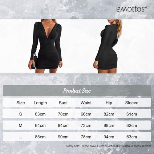 EMOTTOS Sexy Mini Wrap Dress, Sexy Deep V-Neck Ruched Dresses, Soft Long Sleeve Bodycon Pencil Dress, High Elasticity Mini Tube Club Cocktail Party Dress(Black/Red, S-L)