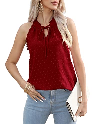 Sampeel Sale Vest Tops for Women Summer Halter Neck Sleeveless Ladies Swiss Dot Chiffon Tank Red Size 22-24