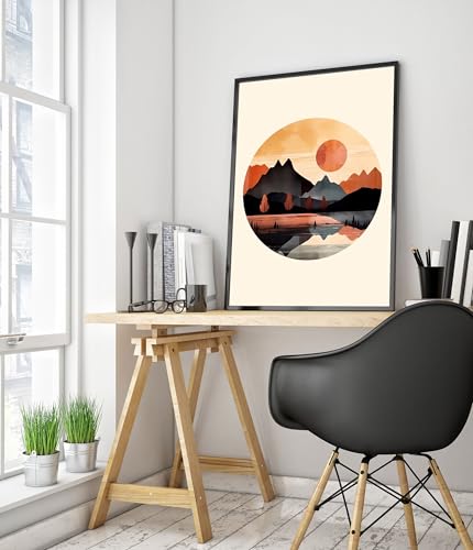 Sunset Abstract Poster, Scandi Minimalist Boho Print, Modern Art Bauhaus, Archival Matte, A4 (Black Frame) - 29.7x21cm