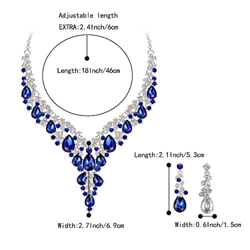 Clearine Wedding Bridal Jewellery Set Teardrop Rhinestone Cluster Statement Necklace Dangle Earrings Set Costume Jewellery for Women Navy Blue Silver-Tone