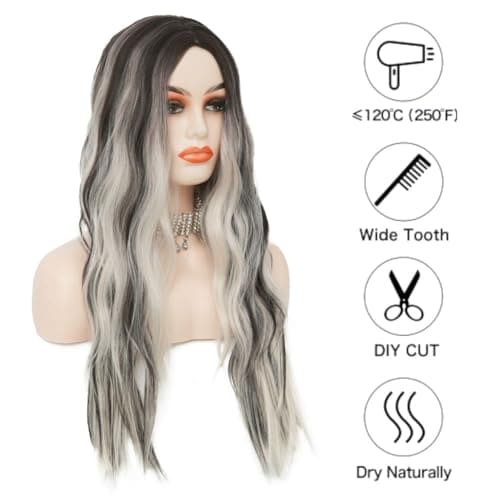 Black and White Long Curly Wavy Wigs for Women Dark Root Middle Part Hair Wig Natural Synthetic Fiber Wig for Cosplay Halloween Use