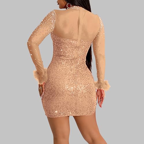 Zeiayuas Sequin Dress for Women UK Bodycon Mesh Long Sleeve Mini Dresses Turtleneck Neck Sexy Evening Wedding Guest Dress Dinner Dance Party Dress Ladies Elegant Sparkly Glitter Clubwear Khaki