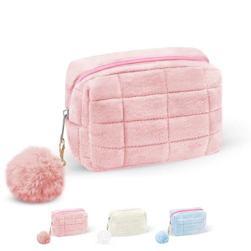 Cosmetic Bag, Pink Cute Plush Makeup Bag with Fuzzy Ball Keychain, Portable Travel Toiletry Bag Pouch Multi-Functional Zipper Organizer for Women Girls Travel