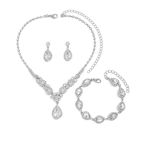 FDEETY Jewelry Sets for Women Rhinestone Necklace Bracelet Dangle Earrings for Bride Bridesmaid Crystal Cubic Zirconia Bridal Wedding Jewelry (Silver)