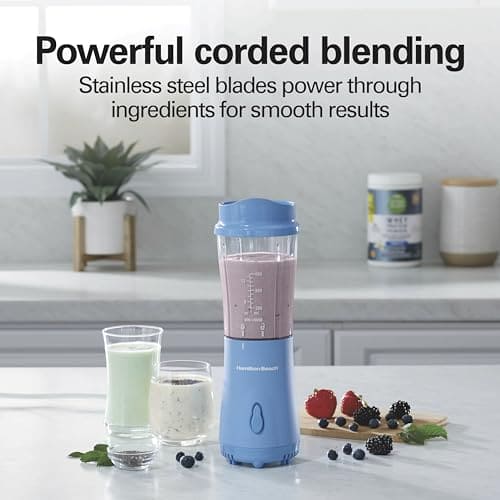 Hamilton Beach Portable Blender for Shakes and Smoothies with 14 Oz BPA Free Travel Cup and Lid, Durable Stainless Steel Blades for Powerful Blending Performance, Tranquil Blue (51172)