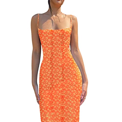 Edhomenn Women Y2k Cutout Maxi Dress Spaghetti Strap Backless Cocktail Dresses Floral Printed Sexy Bodycon Long Dress (Orange, M)