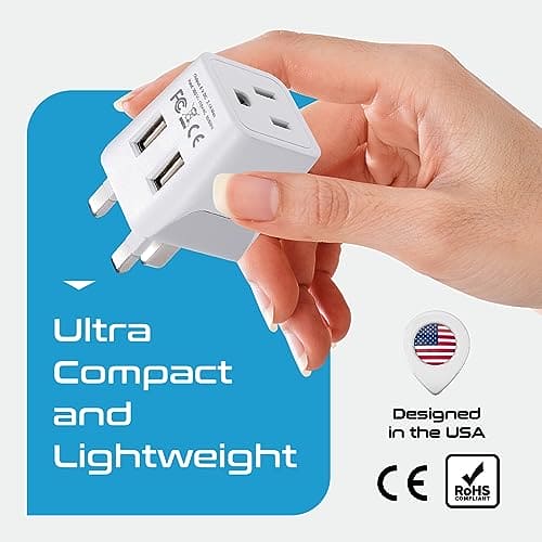 Ceptics London, Hong Kong, Ireland Travel Adapter Plug - With Dual USB + USA Input - Type G - Ultra Compact - Safe Grounded Perfect for Cell Phones, Laptops, Camera Chargers (CTU-7)