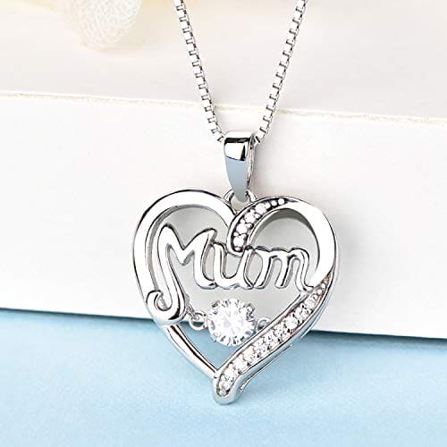 YL Mum Necklace 925 Sterling Silver Heartbeat CZ Stone Heart Love Pendant Necklace for Women Mother,45-48 cm(White)