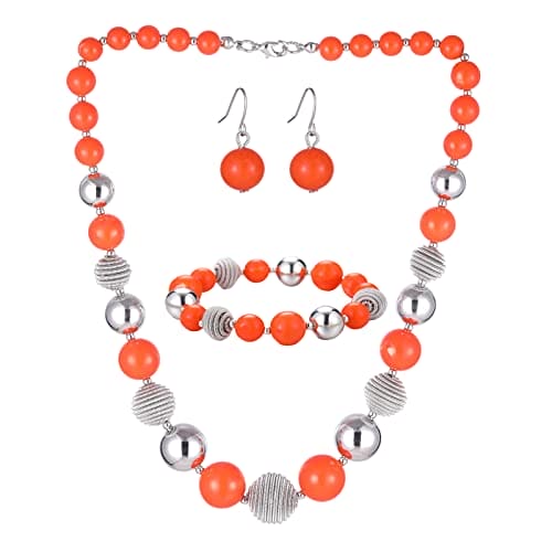 BULINLIN Chunky Beaded Silver Necklace Earrings Pearl Handmade Bracelet Set Statement Costume Fashion Jewellery Set Birthday Gifts for Women (48-Orange)