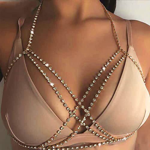 Carufin Sexy Halter Necklace Bra Crystal Breast Chain Necklace Sexy Body Chain Summer Beach Nightclub Adjustable Jewelry for Women and Girls (Gold)