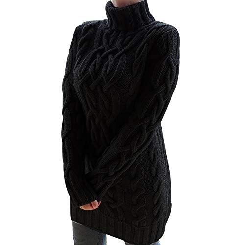 Turtle Neck Long Jumpers Dresses for Women Oversized Cable Knit Jumper Dress Women Ladies Knitted Jumpers Womens High Neck Sweater for Women Pullover Sweaters Pullovers Thick Fitted Plain Black XL