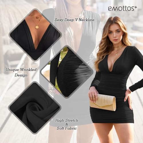 EMOTTOS Sexy Mini Wrap Dress, Sexy Deep V-Neck Ruched Dresses, Soft Long Sleeve Bodycon Pencil Dress, High Elasticity Mini Tube Club Cocktail Party Dress(Black/Red, S-L)