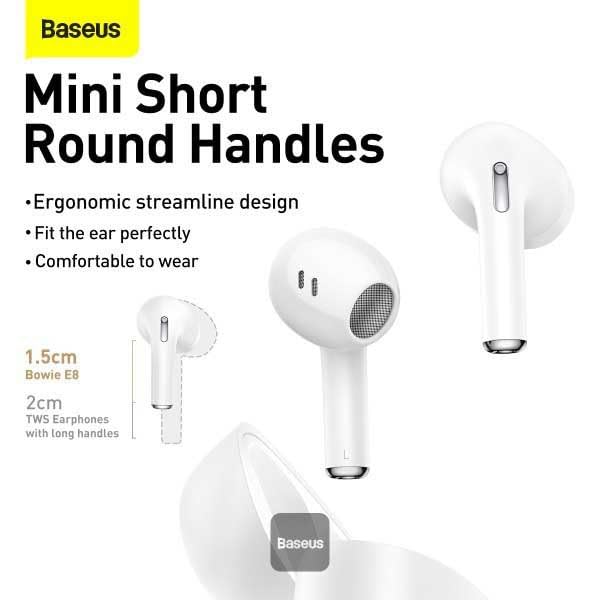 Baseus Bowie E8 True Wireless Bluetooth Earphones, BT 5.0, IPX5, TWS White (NGE8-02)