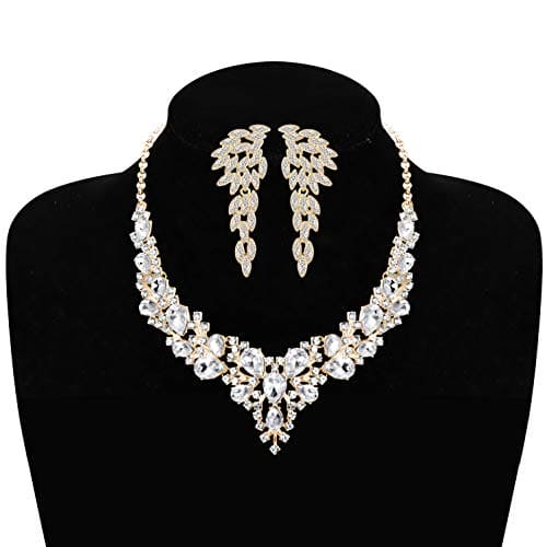 Kakonia Crystal Bling Jewellery Set for Women Rhinestone Necklace Earrings Bracelet Silver Gold Rosegold Tone Black Sparkling Galt Sparkle Bridal Weeding Bridesmaid Bride Jewellery for Women