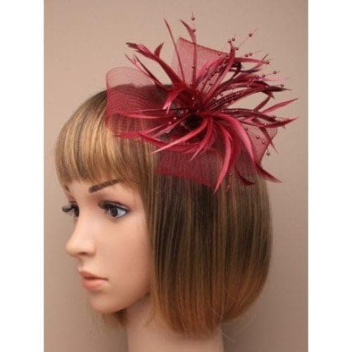 Arranview Jewellery Burgundy fascinator with sinamay net loops and feather tendrils (beak clip and brooch-pin)