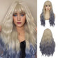 Siudus Womens Blonde to Blue Curly Long Wig with Bangs Wavy Wave Natural Looking Synthetic Fiber Wig for Cosplay Halloween Use