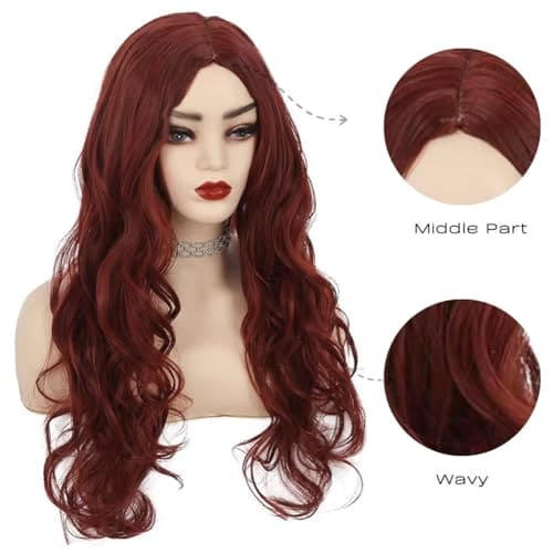 Siudus Womens Dark Red Curly Long Wig Burgundy Wavy Middle Part Wigs Synthetic Heat Resistant Fiber Hair Wig for Cosplay Halloween Use