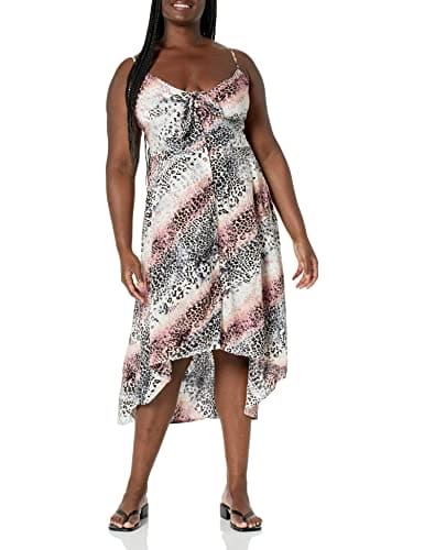 Jessica Simpson Women's Plus Size Fria Tie Front High Low Midi Dress, Gardenia Marble Cheetah, 2X