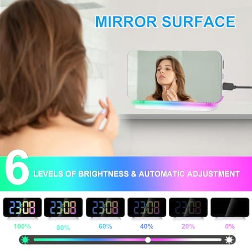 Sukeen Alarm Clock, 7.4" LED Digital Clock, Mirror Clock with 11 Colors Time Display, 10 Modes RGB Night Light, USB C Charger Port, Volume, Brightness, Alarm Clocks Bedside for Bedroom Home - White