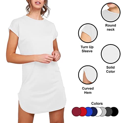 Fashion Star Womens Curved Hem Turn Up Cap Sleeve Tunic T-Shirt Mini Dress Plain White S/M (UK 8/10)