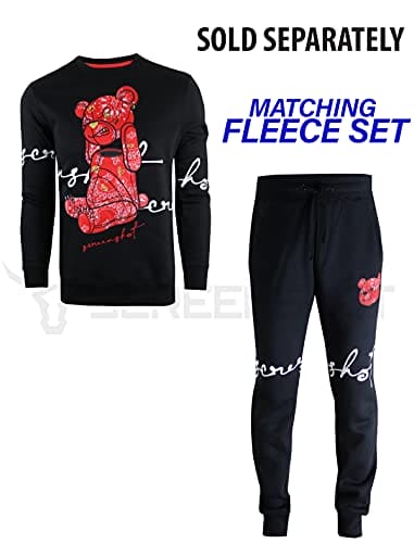 SCREENSHOT-F1122 Mens Urban Hip Hop Premium Fleece - Head Lifting Paisley Cartoon Teddy Bear Crew Neck Streetwear Sweatshirt-Black/Red-3XLarge