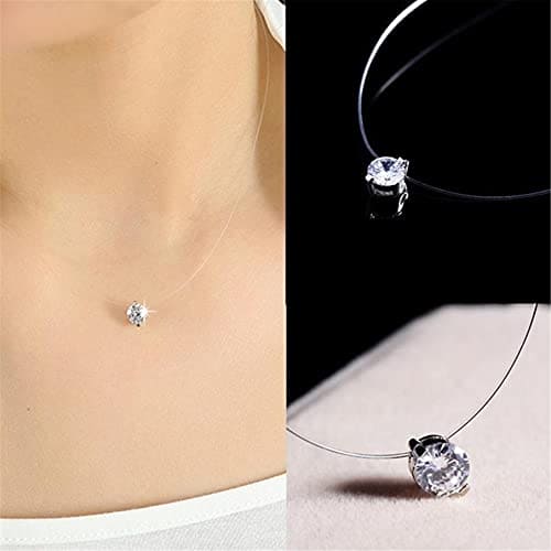 PASDD Creative 925 Sterling Silver Cubic Zirconia Pendant Solitaire Necklace Fishing Line Nylon Chain for Women/Girls Invisible Necklace,silver