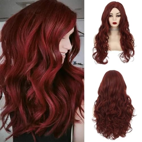 Siudus Womens Dark Red Curly Long Wig Burgundy Wavy Middle Part Wigs Synthetic Heat Resistant Fiber Hair Wig for Cosplay Halloween Use