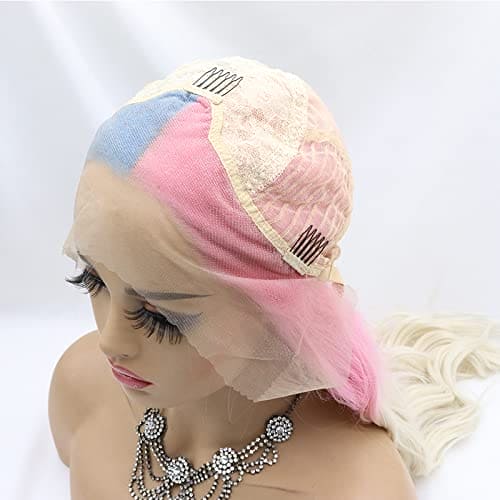 Xiweiya Blue Pink White Lace Front Wig Loose Wavy Half Blue Half Pink Synthetic Lace Wig with Blonde Tips Loose Curly Heat Resistant Fiber Wig 180% Density Hair for Women 24inch…