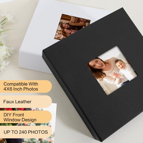 Photo Album 4x6 240 Photos with Writing Space, 4x6 Photo Album Leather Cover with Front Window, 4x6 Picture Album, 240 Photos 4x6 Photo Album Book for Wedding Kids Travel Family Baby Pictures (Black)